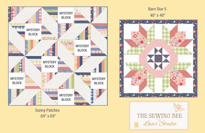 Two sample quilt patterns using the Sunwashed fabric collection displayed on a yellow background. Fat quarter bundle is sold by Sewing Bee Studio. 