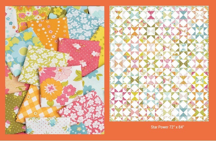 Collection of colorful fabric squares and a patterned fabric panel on an orange background, marketing "Flower Power" fabric collection, sold by fat-quarter bundles by Sewing Bee Studio.