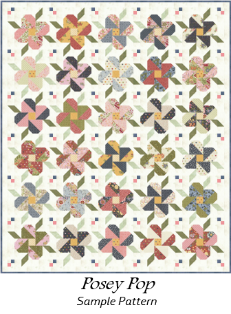 Quilt pattern with colorful flowers labeled 'Posey Pop Sample Pattern'.