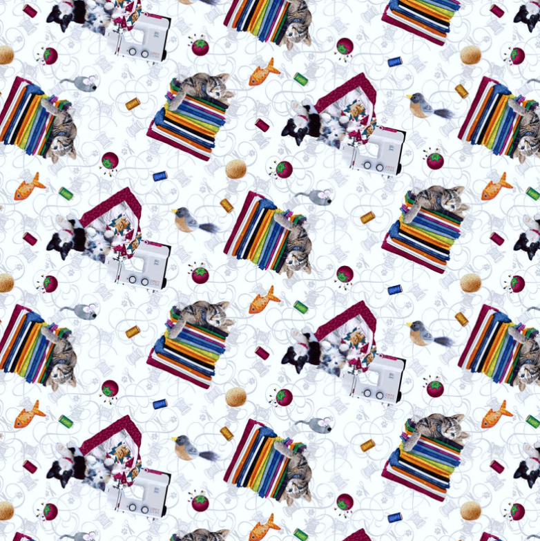 Henry Glass - Quilted Kitties Cats and Fabric in White