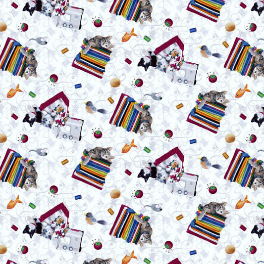 Henry Glass - Quilted Kitties Cats and Fabric in White