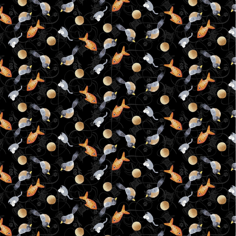 Henry Glass - Quilted Kitties: Tossed Fish Birds and Mice in Black