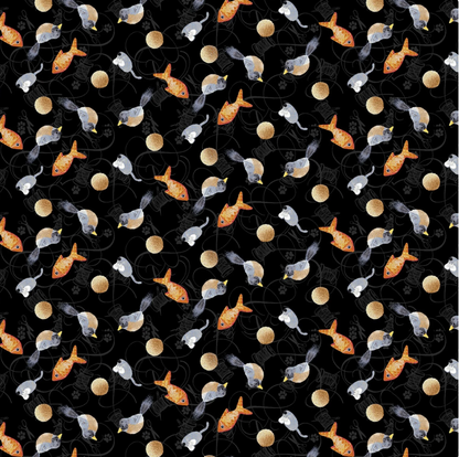 Henry Glass - Quilted Kitties: Tossed Fish Birds and Mice in Black