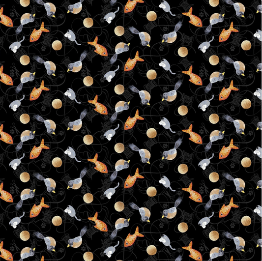 Henry Glass - Quilted Kitties: Tossed Fish Birds and Mice in Black