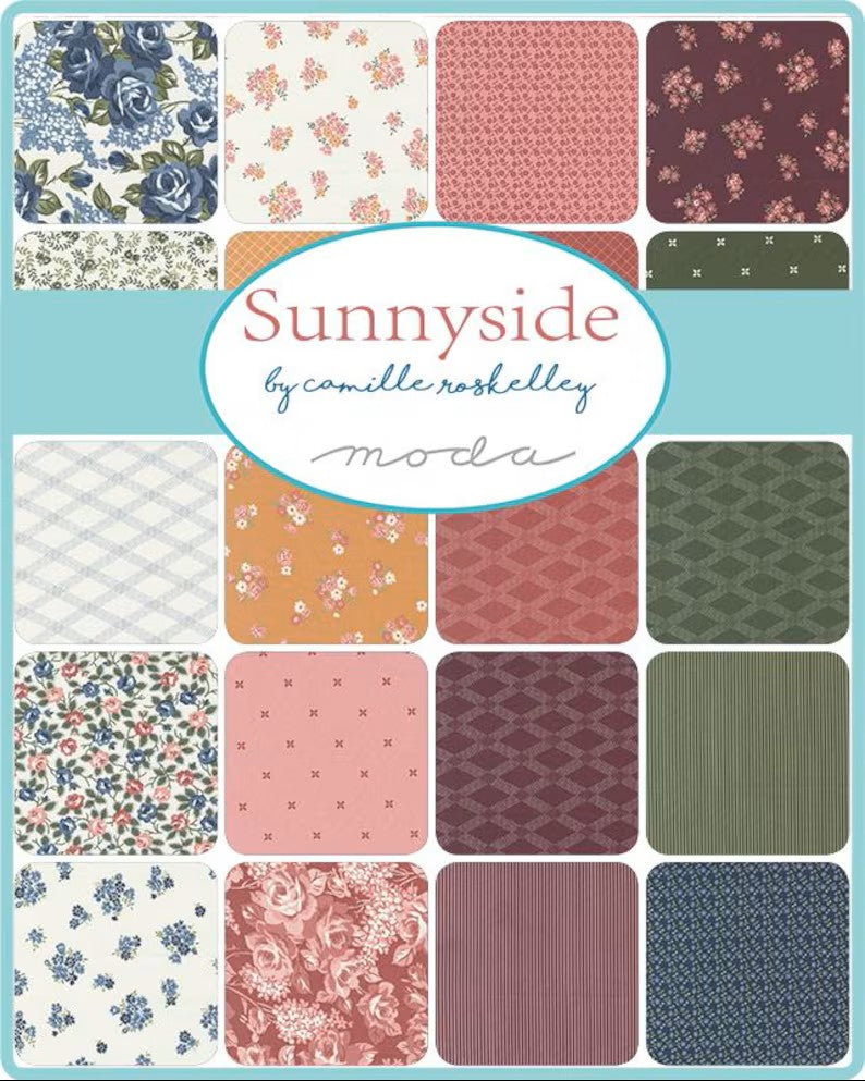 Collection of fabric swatches with 'Sunnyside' by Camille Roskelley Moda label. Sewing Bee Studio.