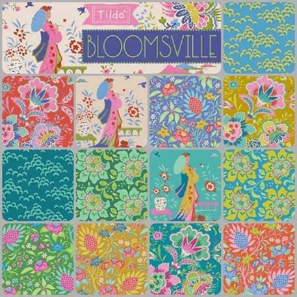 Tilda "Bloomsville" fabric collection with colorful patterns and characters. Sold by Sewing Bee Studio.