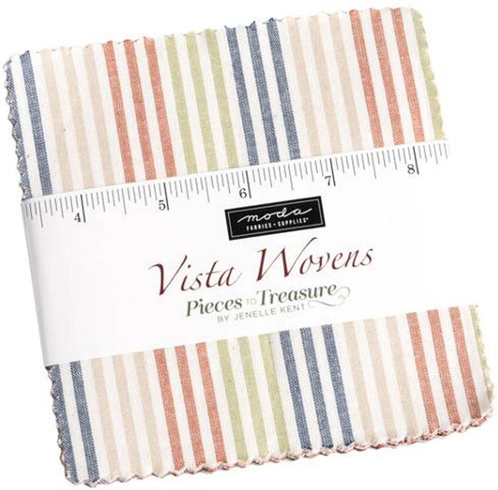 Striped fabric bundle with a ruler and 'Vista Wovens' branding on a white background. Sewing Bee Studio.