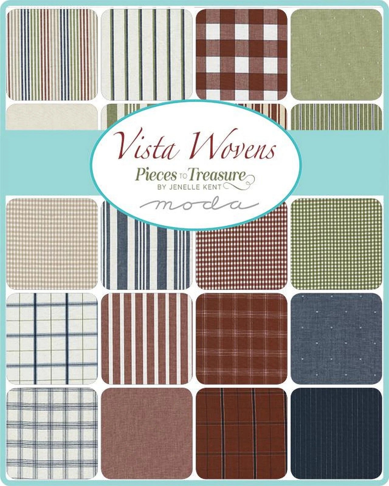 Collection of fabric swatches with 'Vista Wovens' branding on a blue background. Sewing Bee Studio. 