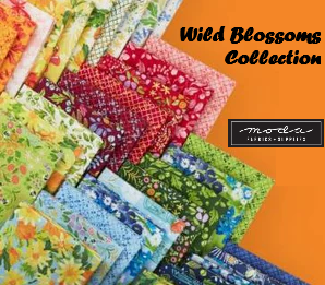 Collection of colorful fabric swatches with 'Wild Blossoms Collection' text and Moda label. Sewing Bee Studio.