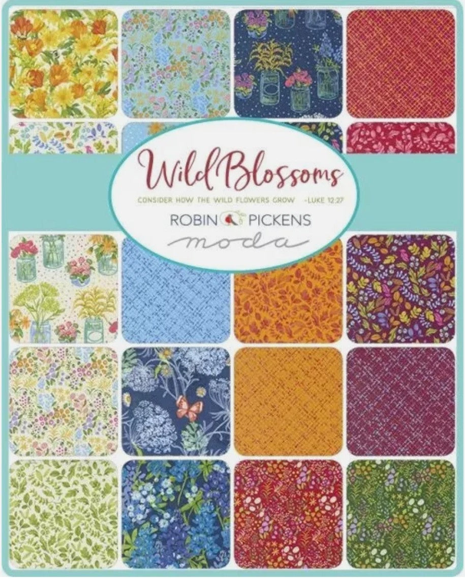 Collection of floral fabric swatches with 'Wild Blossoms' by Robin Pickens Moda on a blue background. Sewing Bee Studio.