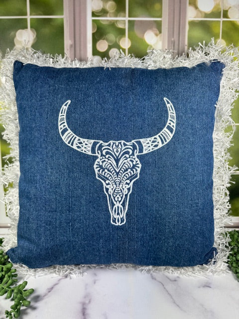Cow Head Denim 15 1/2 x 15 1/2 Embordered Pillow with Fringe