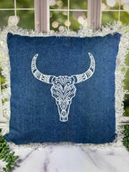 Cow Head Denim 15 1/2 x 15 1/2 Embordered Pillow with Fringe