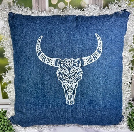 Cow Head Denim 15 1/2 x 15 1/2 Embordered Pillow with Fringe