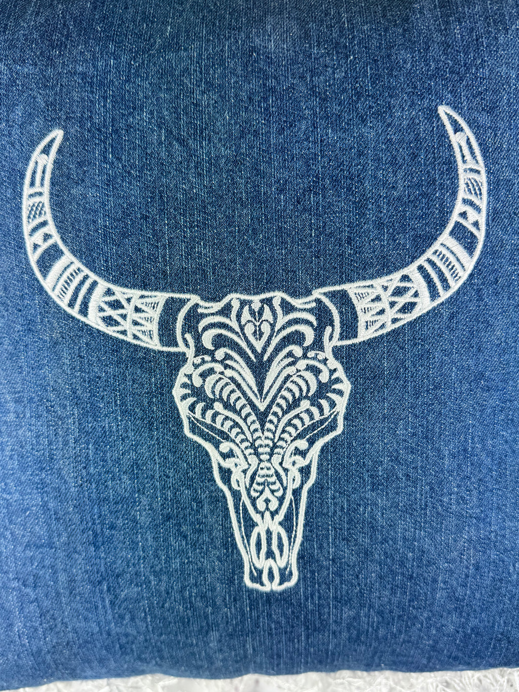 Cow Head Denim 15 1/2 x 15 1/2 Embordered Pillow with Fringe