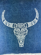 Cow Head Denim 15 1/2 x 15 1/2 Embordered Pillow with Fringe