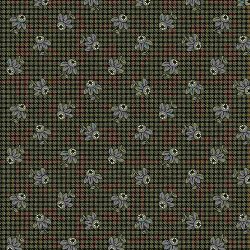 Fabric from the Midnight Lace collection with blue floral patterns on a green checkered background. Sold by Sewing Bee Studio.