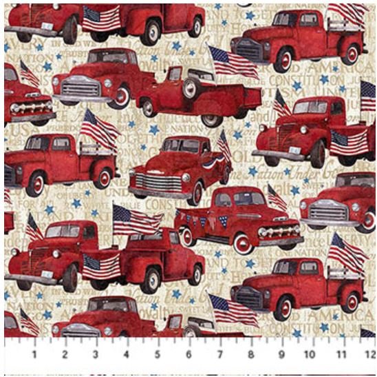 Northcott Fabric - Stars & Stripes Cream Multi Trucks (Stonehenge)