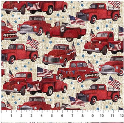 Northcott Fabric - Stars & Stripes Cream Multi Trucks (Stonehenge)